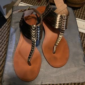 Vintage Mirror Metallic Gold Coach India Ankle Strap Wedge Sandals Size 8B Q1888